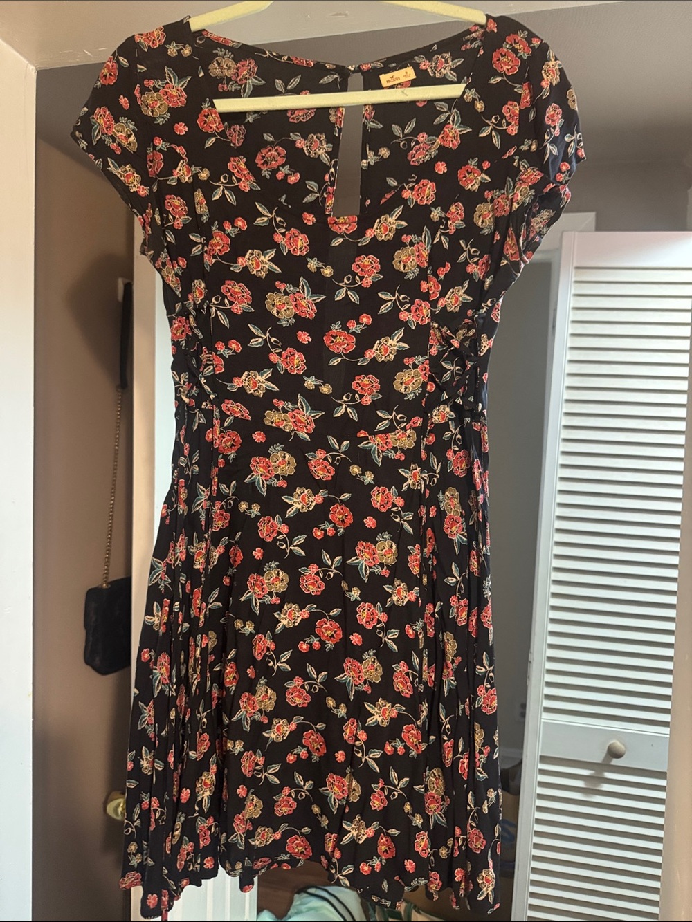 Hollister Floral Fit & Flare Dress - Black with Red Floral